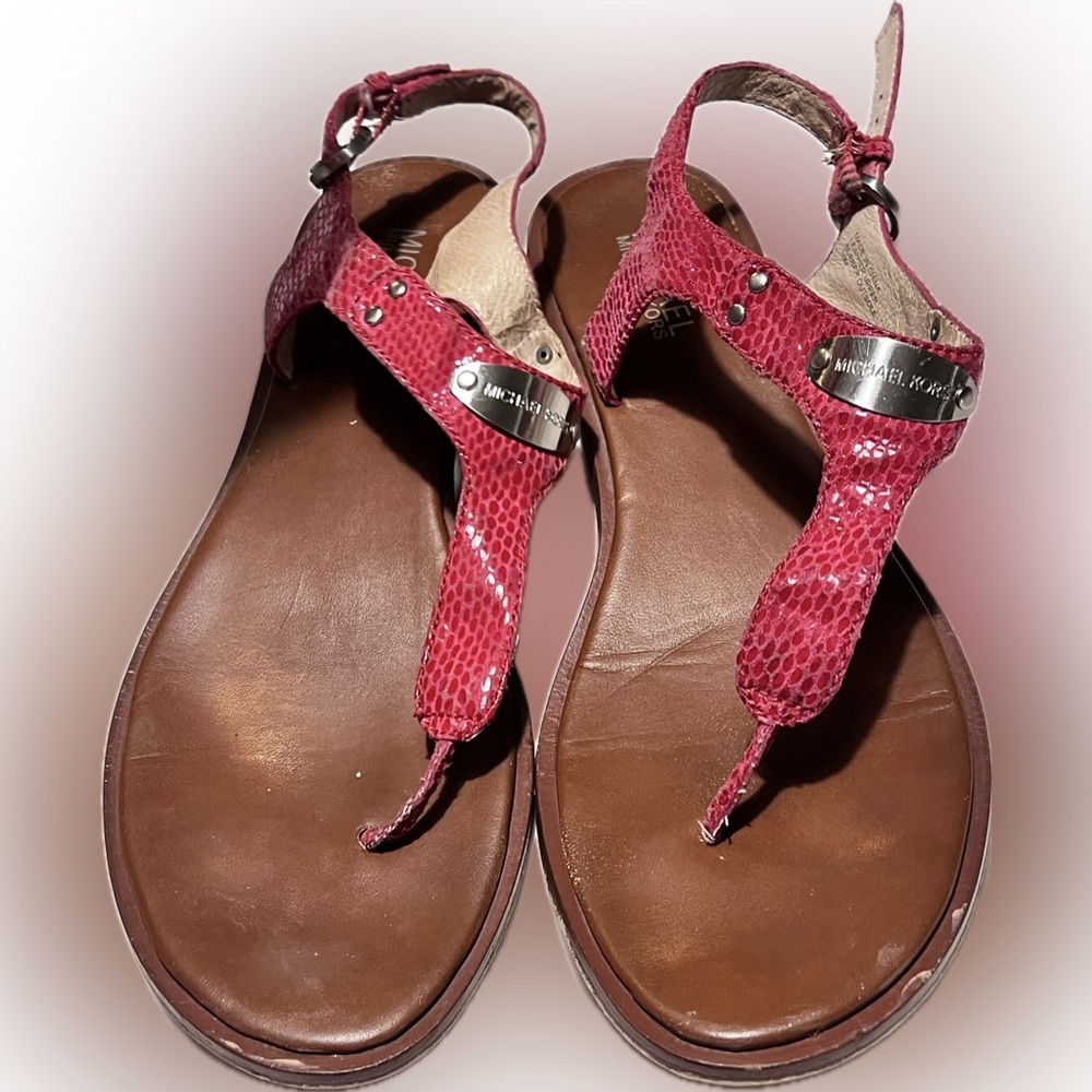 Women's Michael Kors MK Plate Thong Snake Embossed Leather Sandals